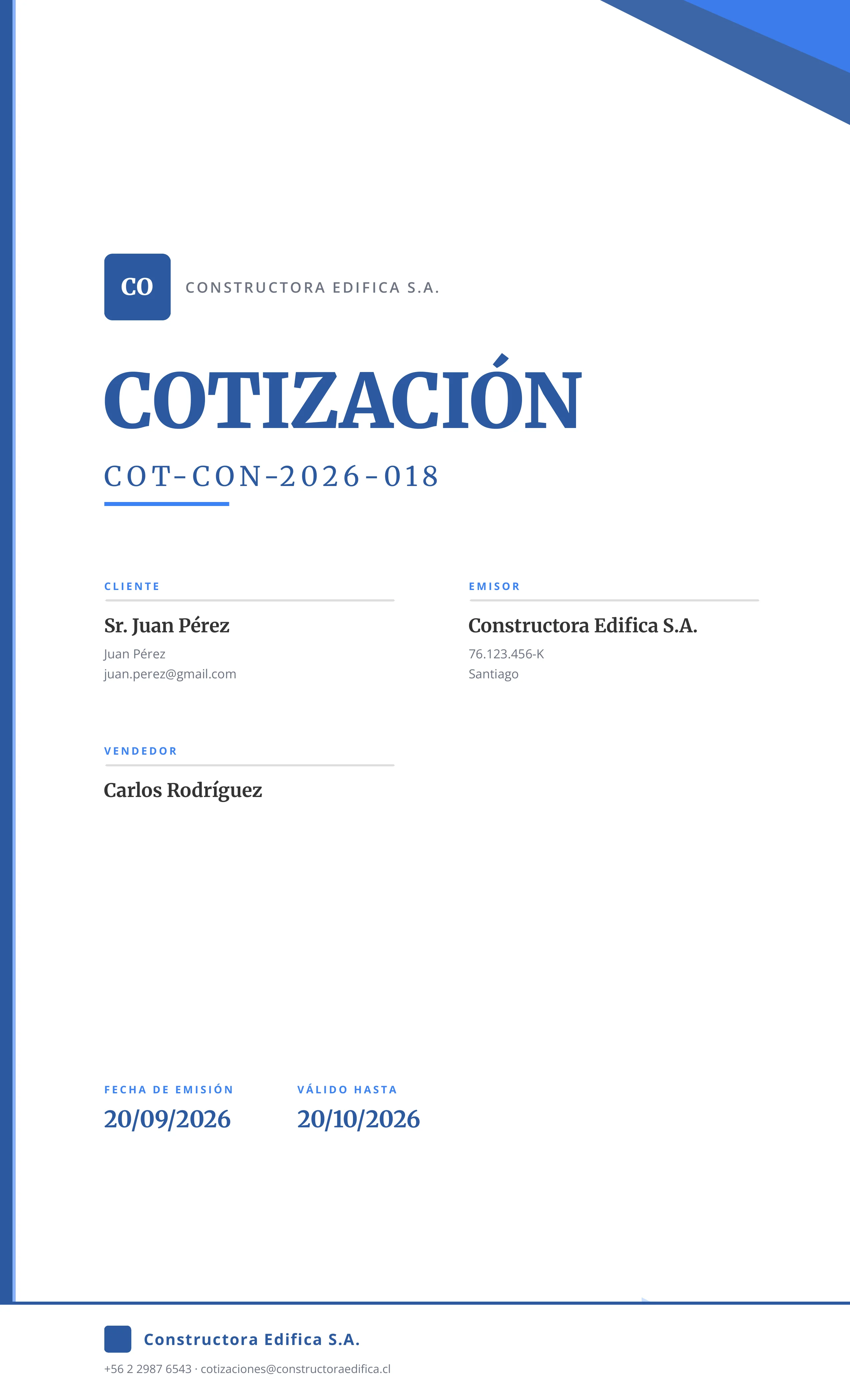 Portada de cotización de construcción generada con el sistema