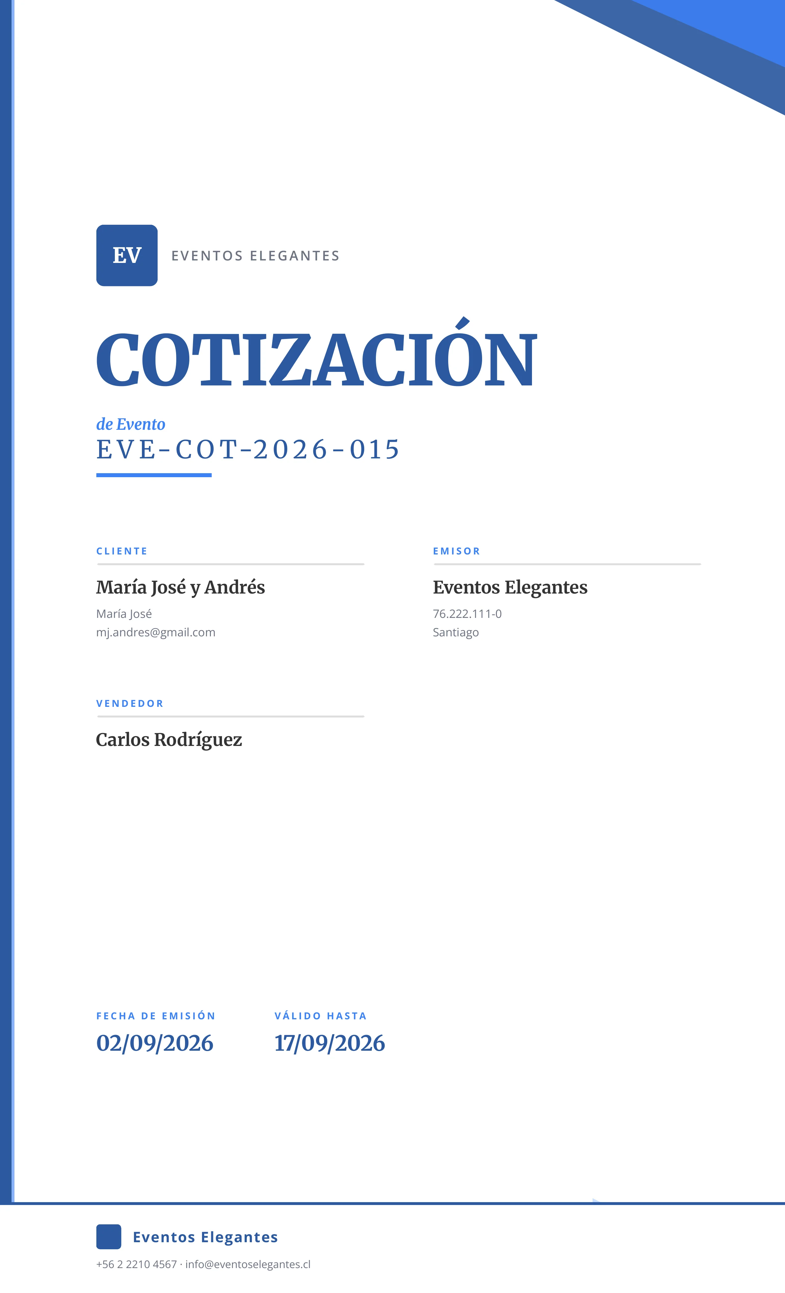 Portada de cotización de evento generada con el sistema