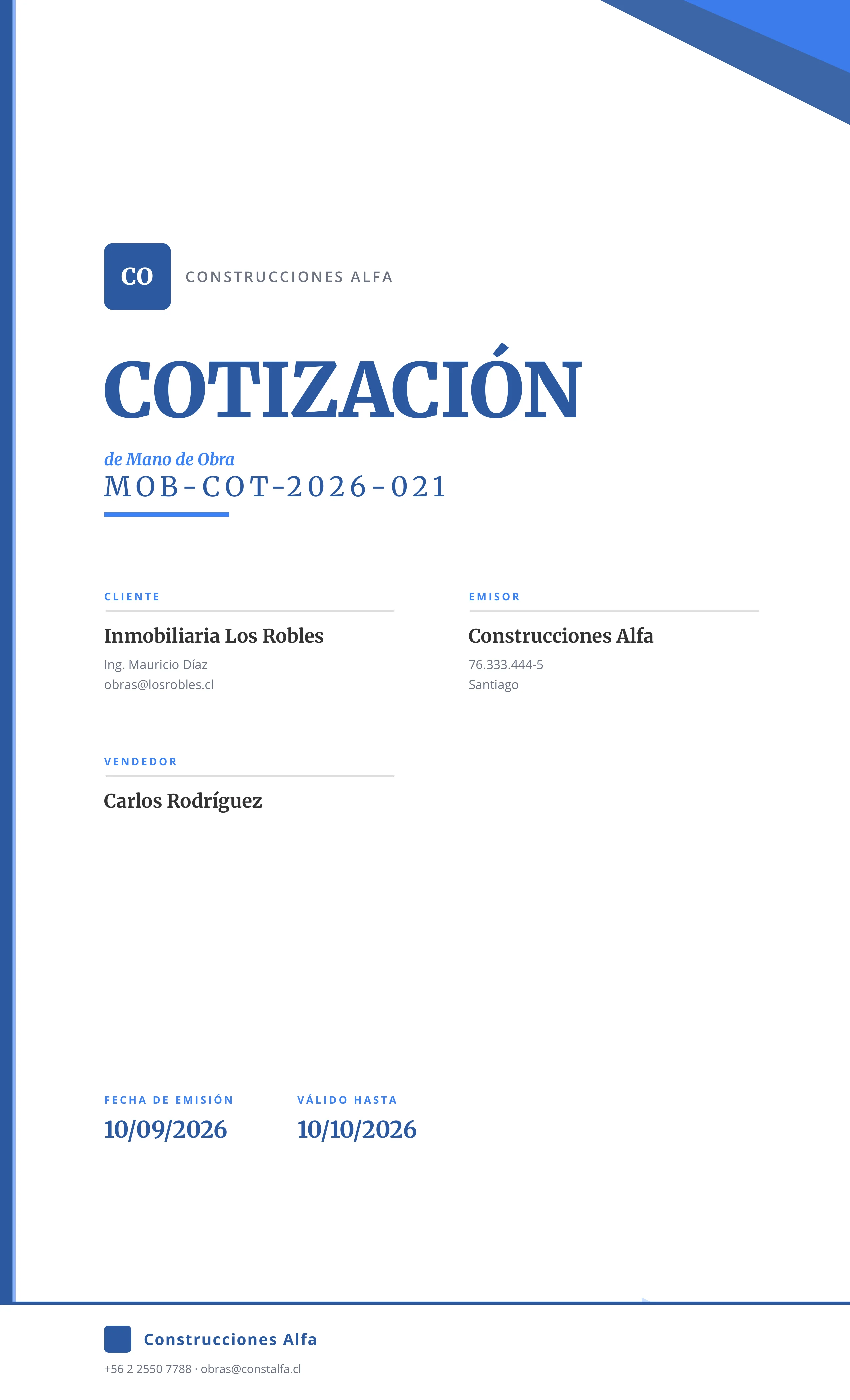 Portada de cotización de mano de obra generada con el sistema