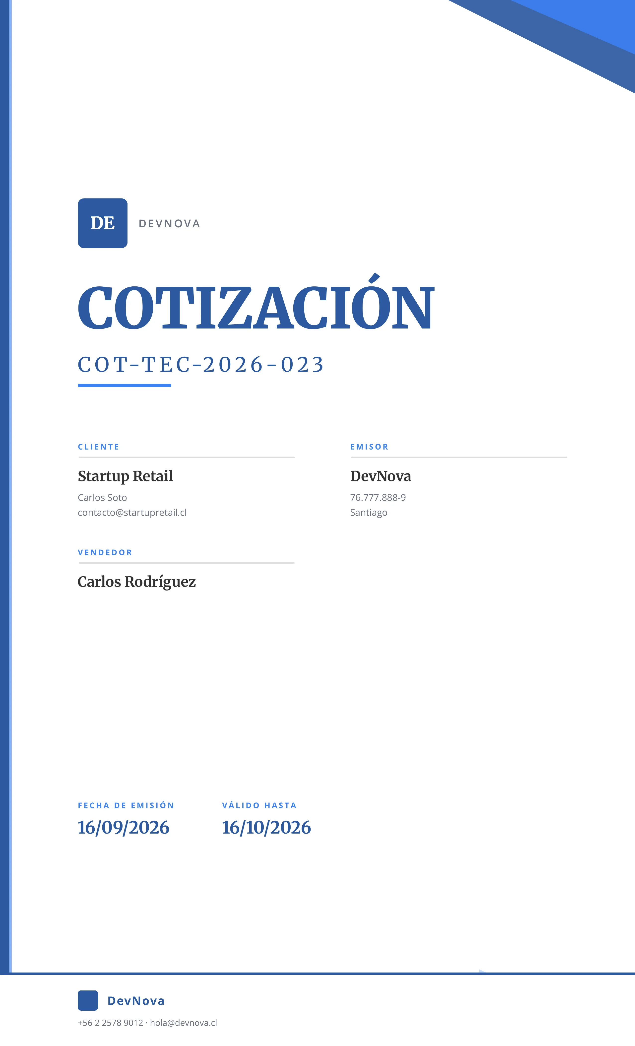Portada de cotización de servicios de tecnología generada con el sistema