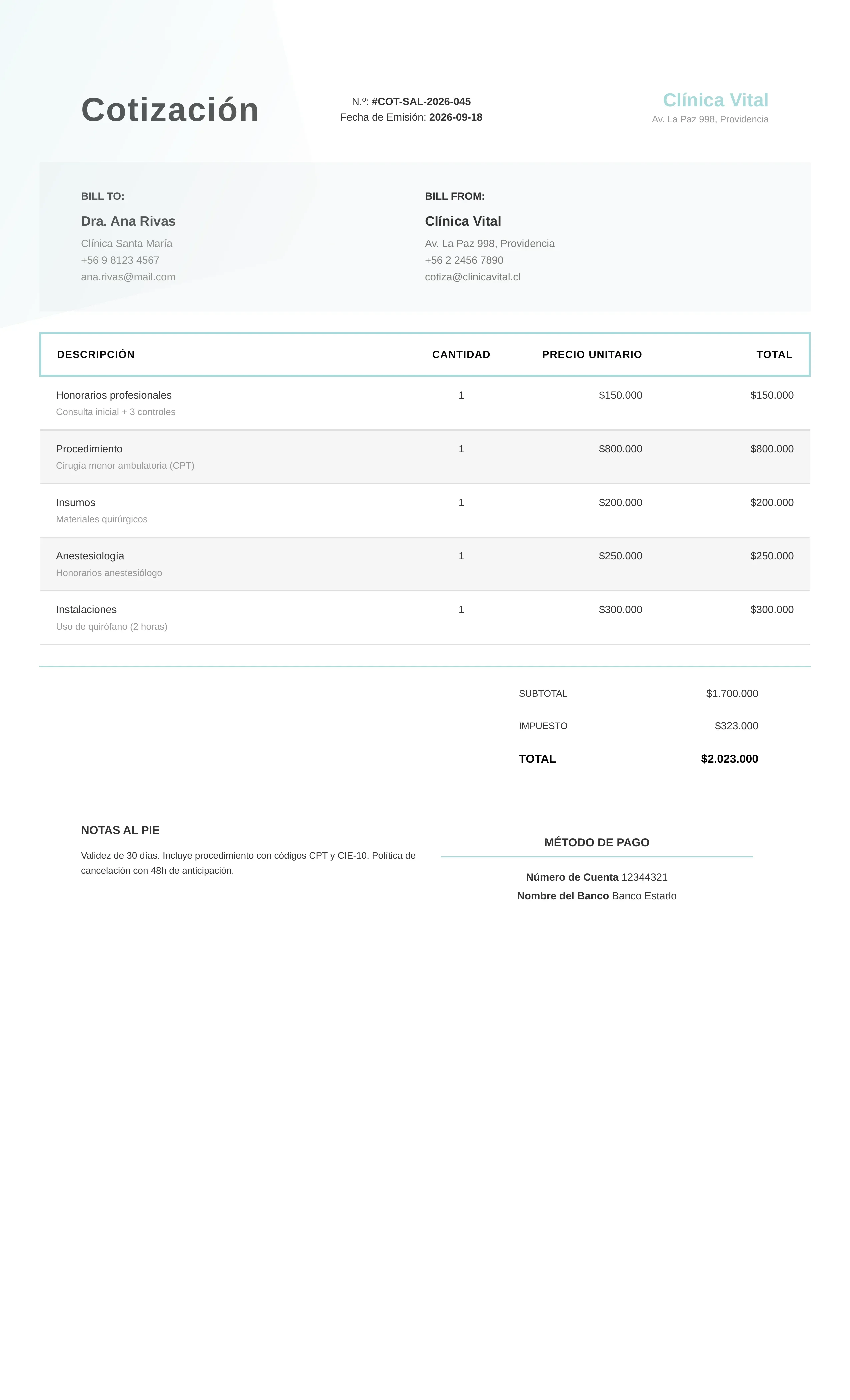Ejemplo de cotización de servicios de salud