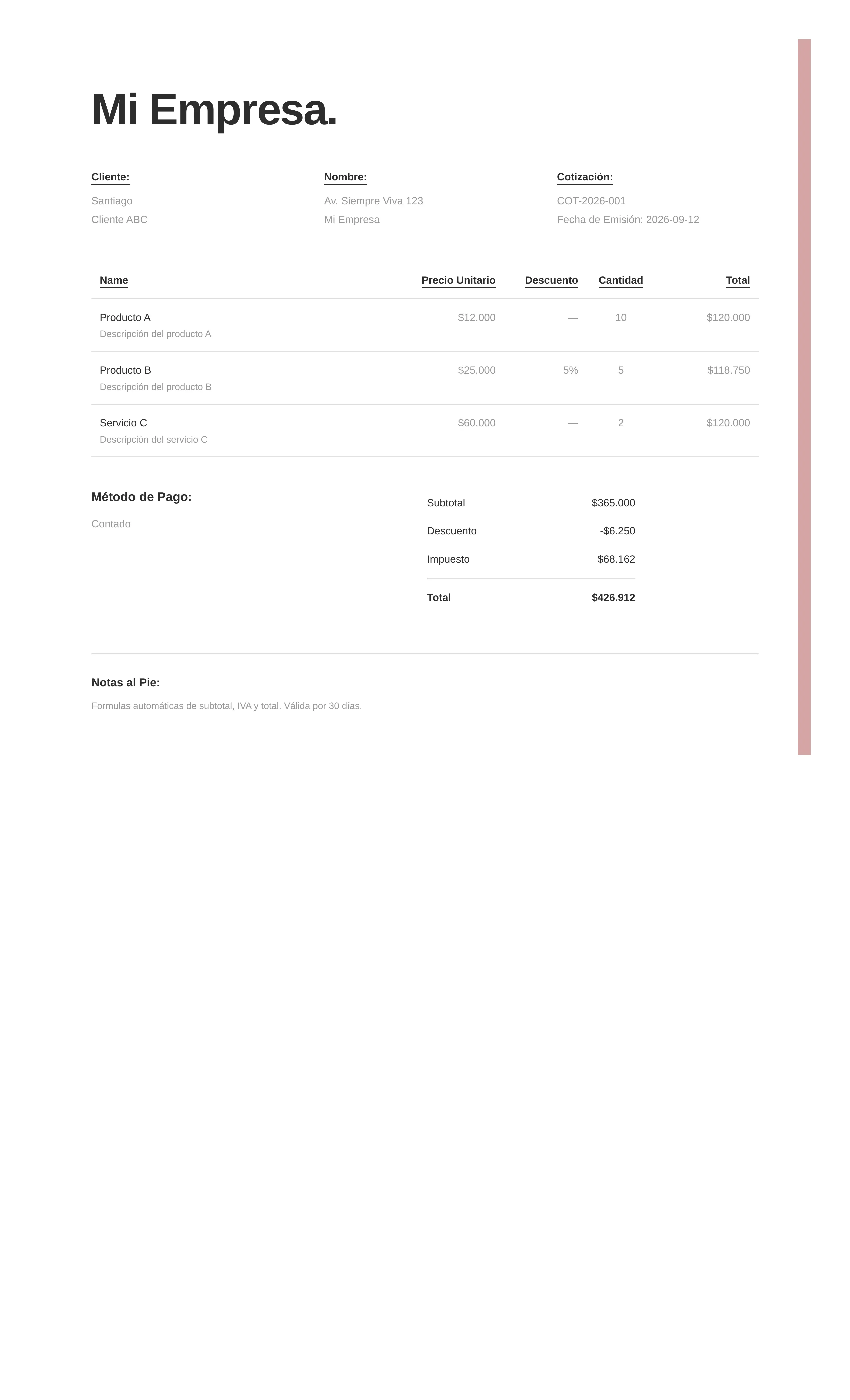 Ejemplo de cotización en Excel con subtotales, IVA y total automático