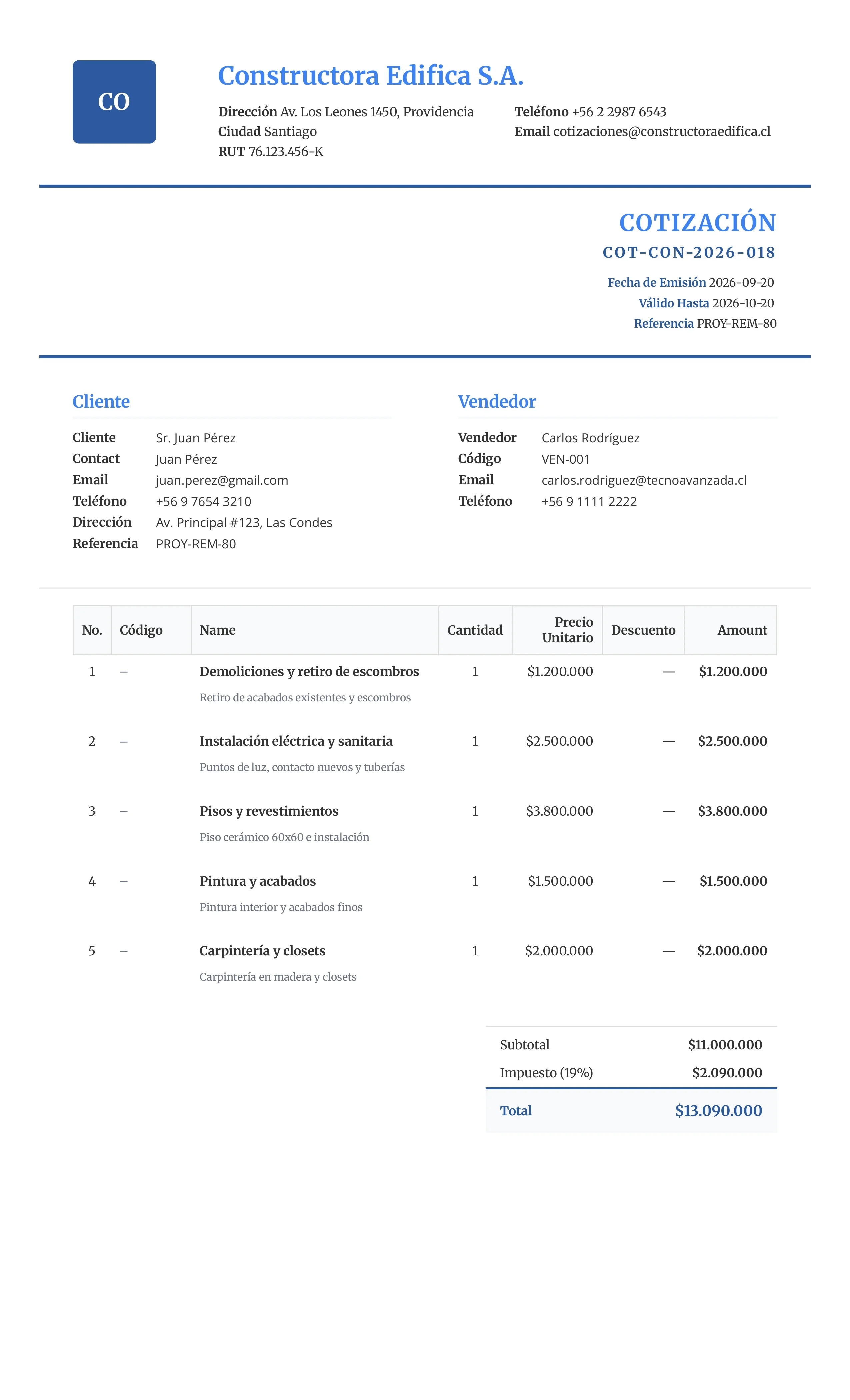 Ejemplo de cotización para construcción y proyectos de infraestructura
