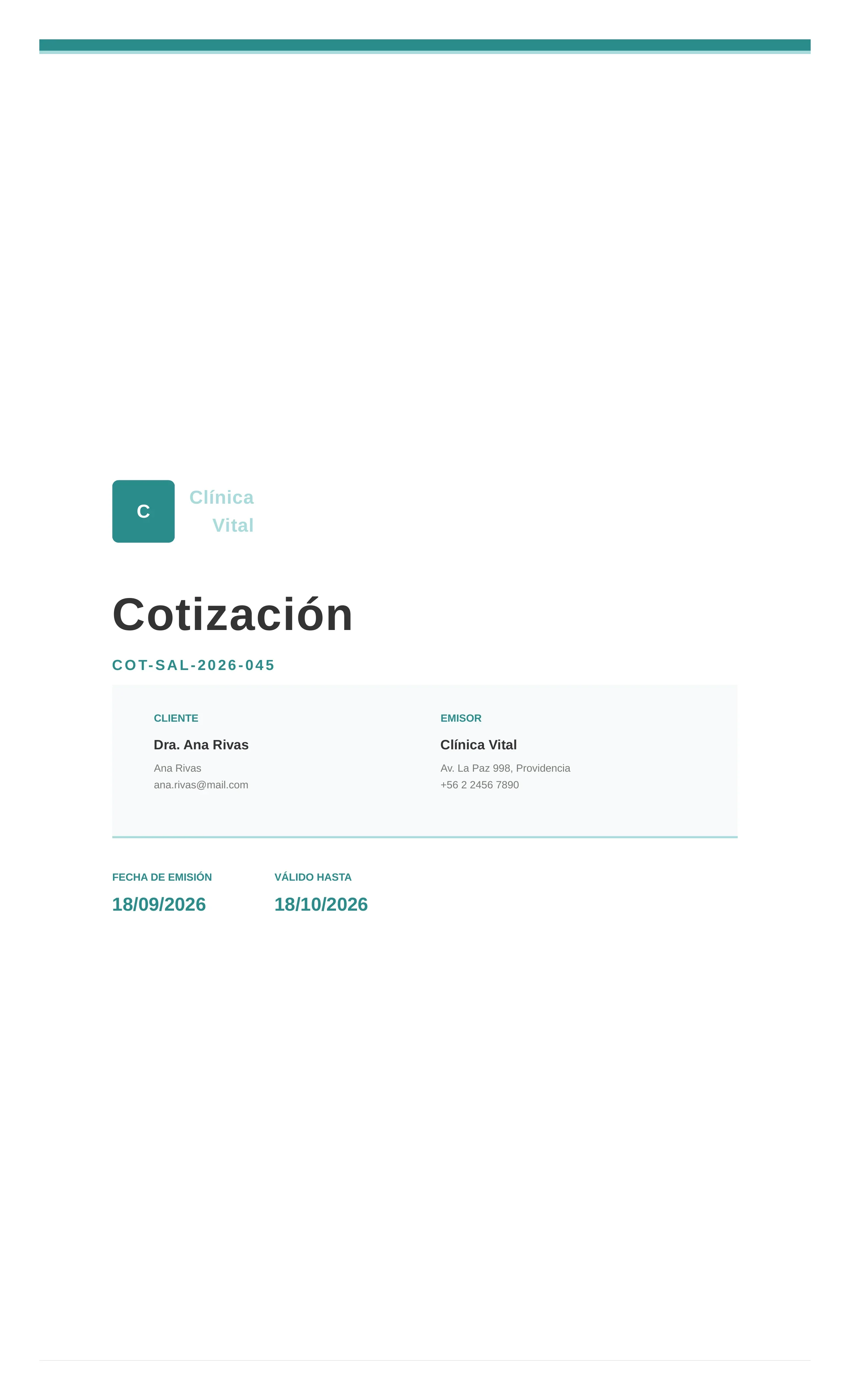 Portada de cotización de servicios de salud generada con el sistema